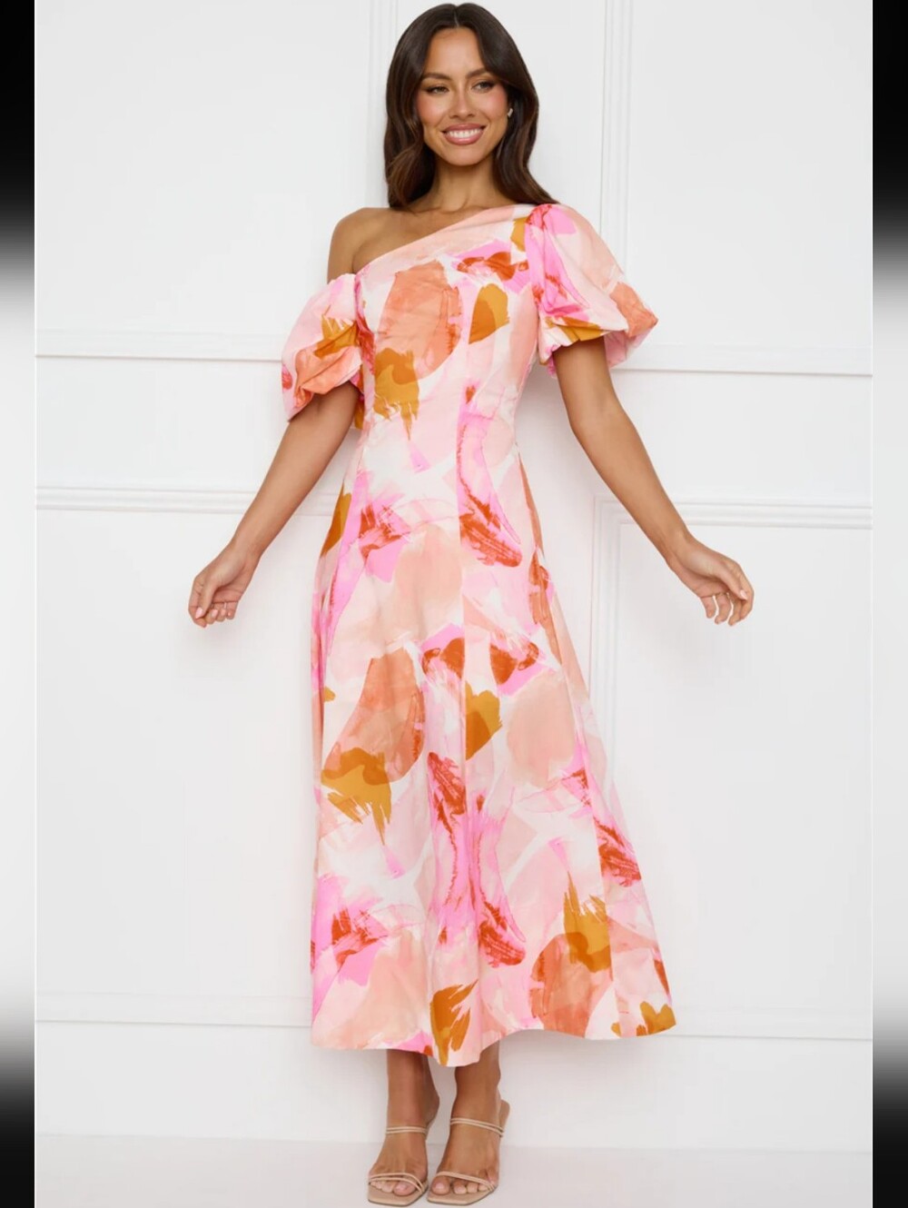 Hello Molly Swan Kiss Off Shoulder Maxi Dress Puff Sleeve Pink Orange Size M NWT